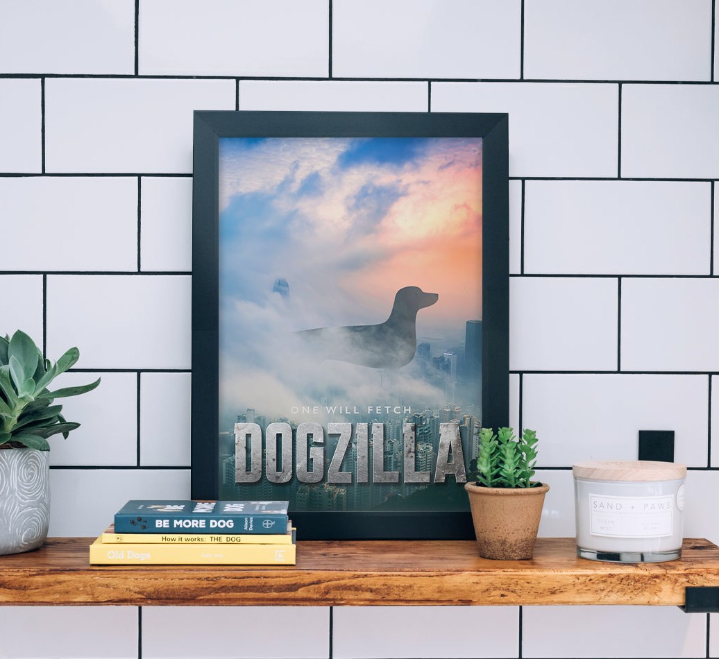 'Dogzilla' {breedFullName} Framed Print - black frame lifestyle