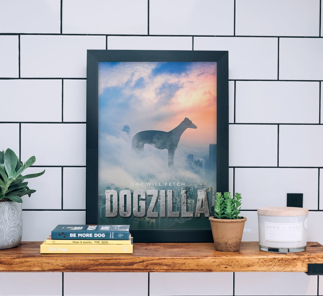 'Dogzilla' {breedFullName} Framed Print - black frame lifestyle