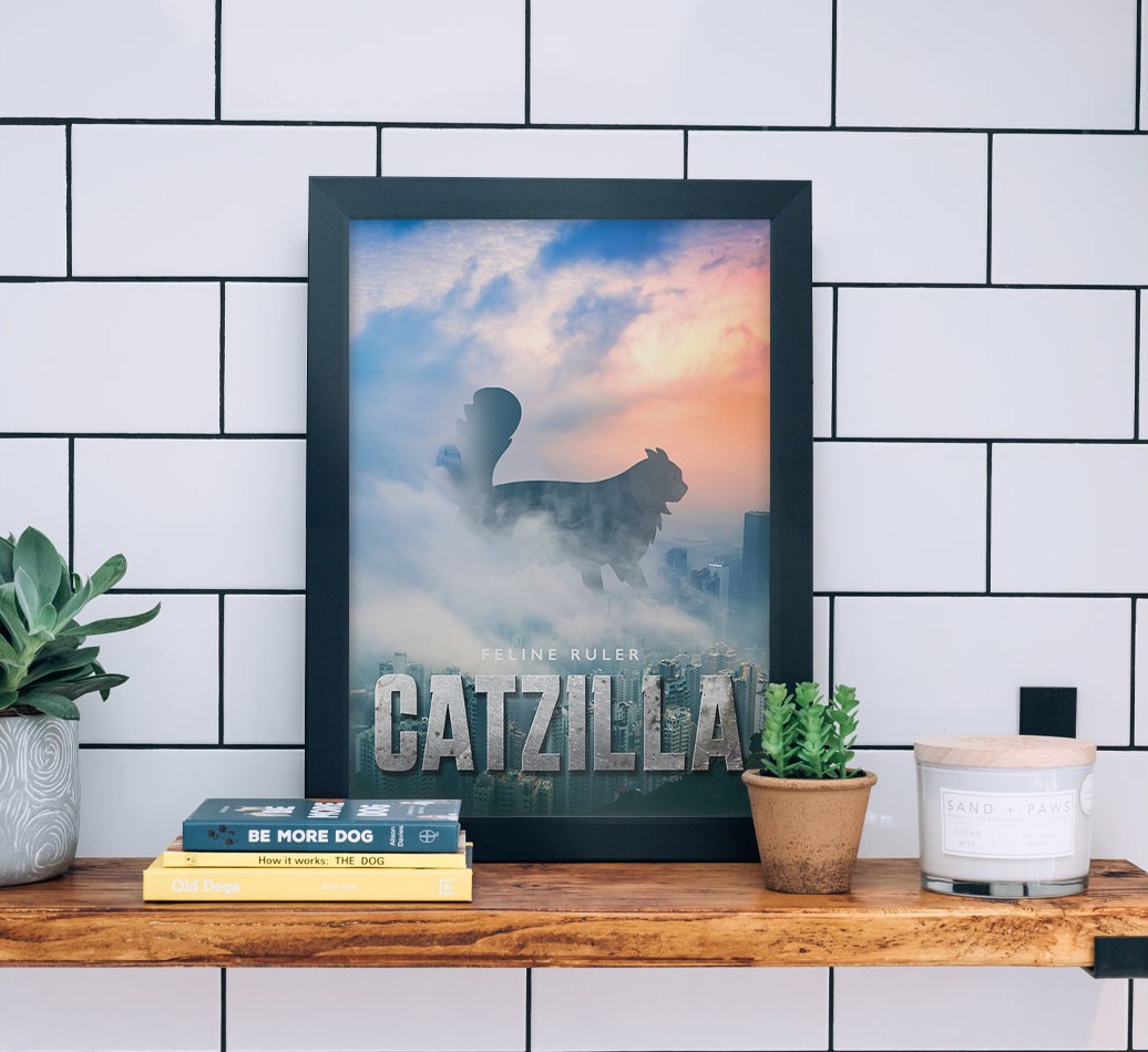 'Catzilla' {breedFullName} Framed Print - black frame lifestyle