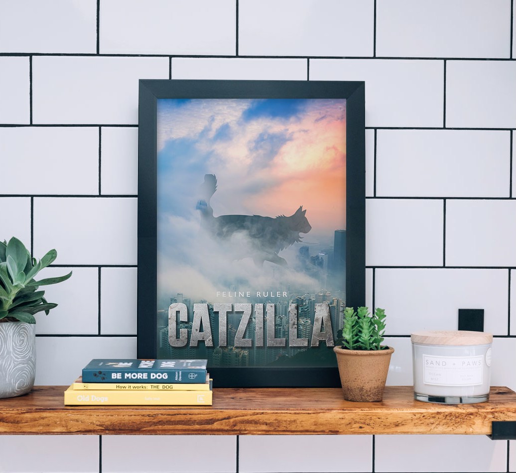 'Catzilla' {breedFullName} Framed Print - black frame lifestyle