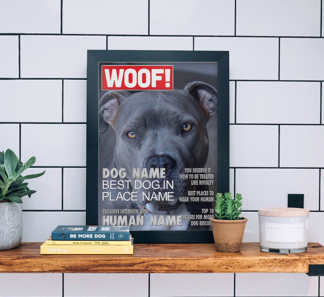'Woof Magazine' - {breedFullName} Photo Upload Framed Print - black frame lifestyle