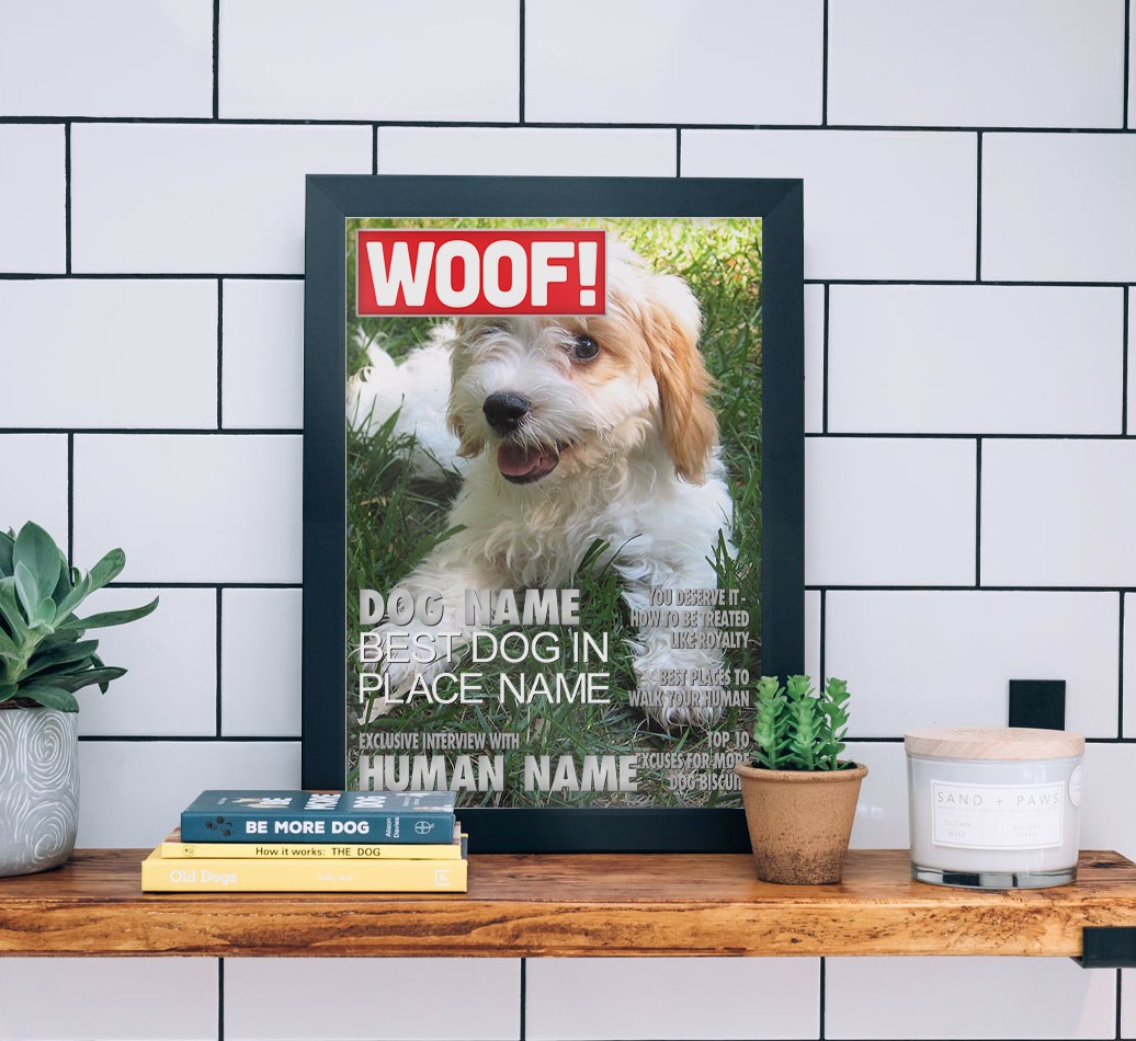 'Woof Magazine' - {breedFullName} Photo Upload Framed Print - black frame lifestyle
