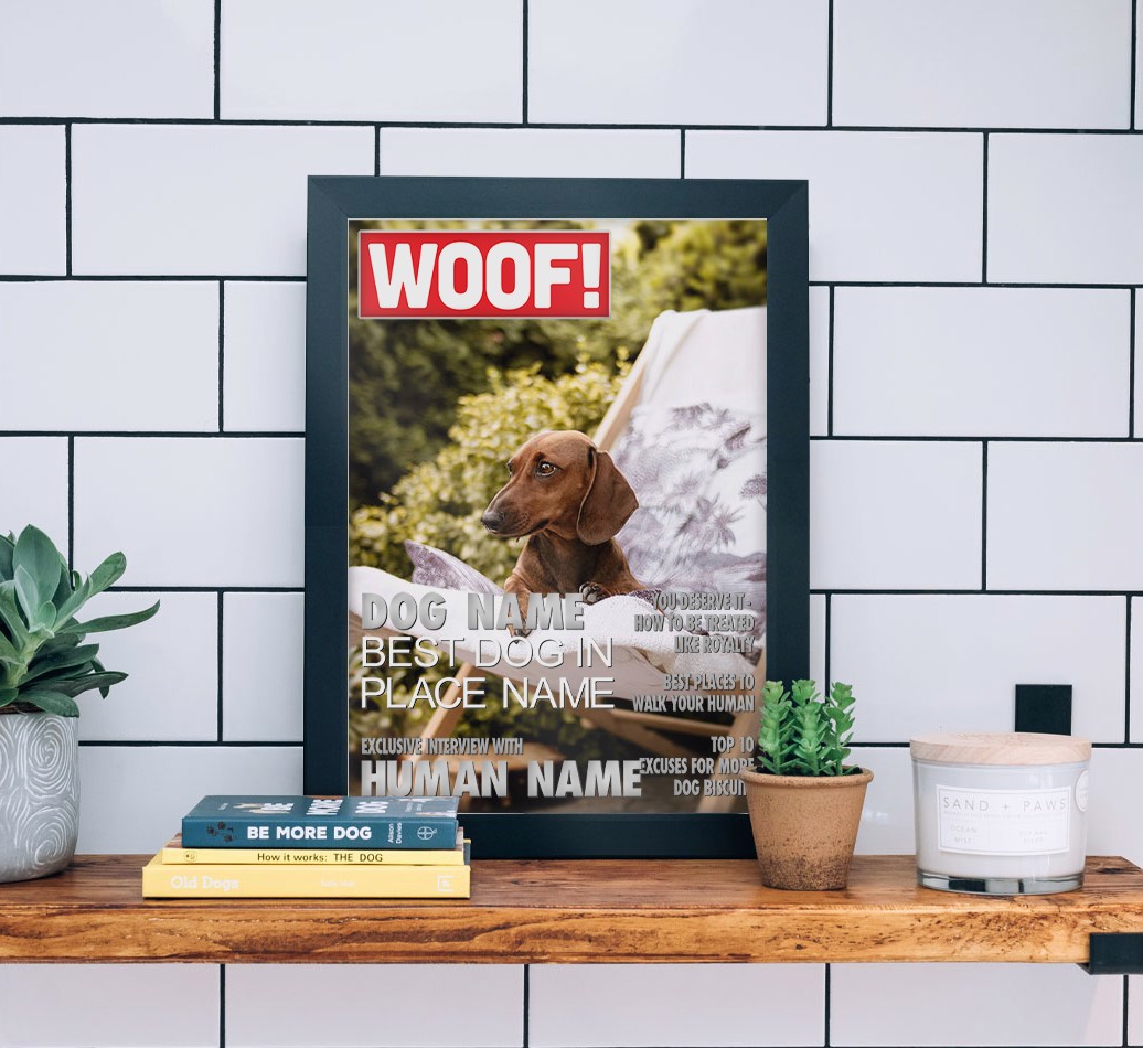 'Woof Magazine' - {breedFullName} Photo Upload Framed Print - black frame lifestyle