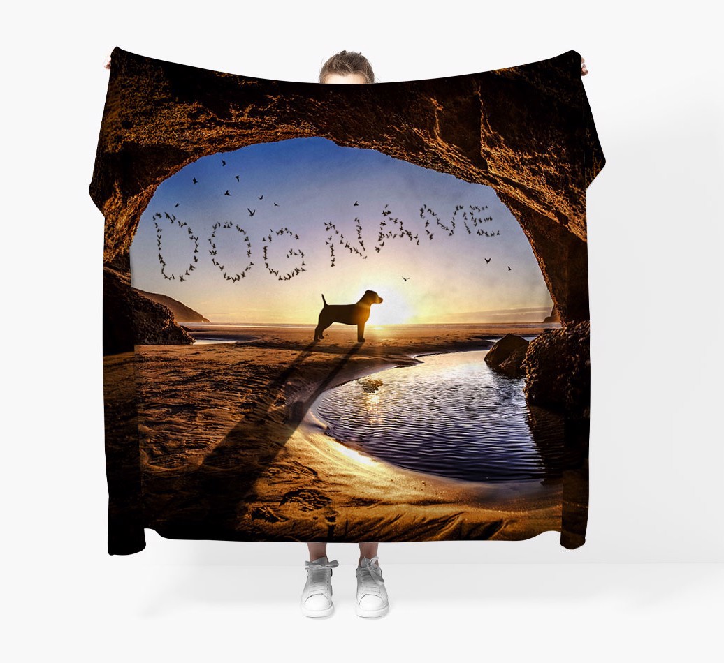 'Cave Birds' - Personalized {breedFullName} Throw Blanket - Held by Person