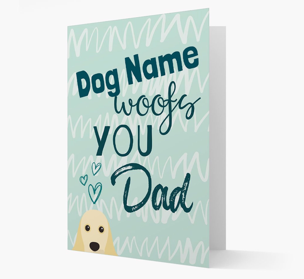 Personalised Card {dogsName} woofs you, Dad with {breedFullName} Icon Front