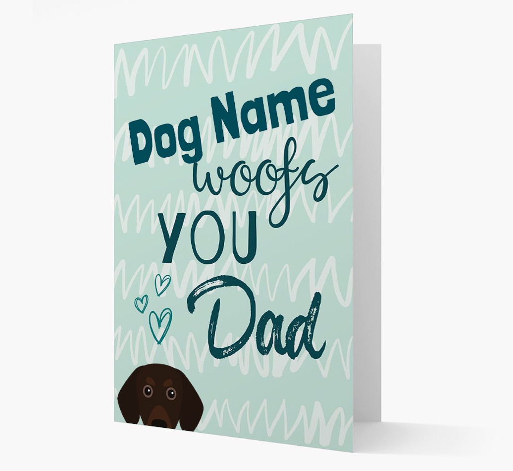 Personalized Card {dogsName} woofs you, Dad with {breedFullName} Icon Front