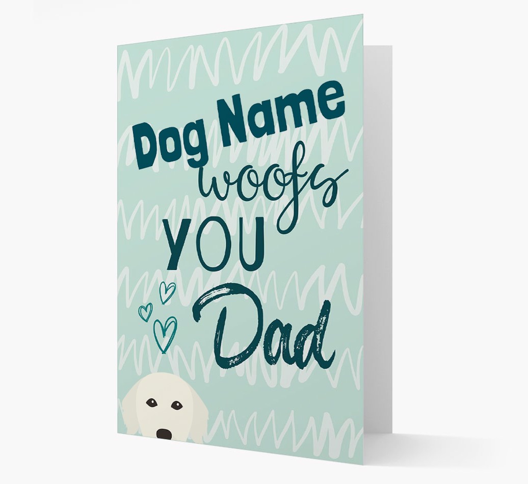 Personalized Card {dogsName} woofs you, Dad with {breedFullName} Icon Front