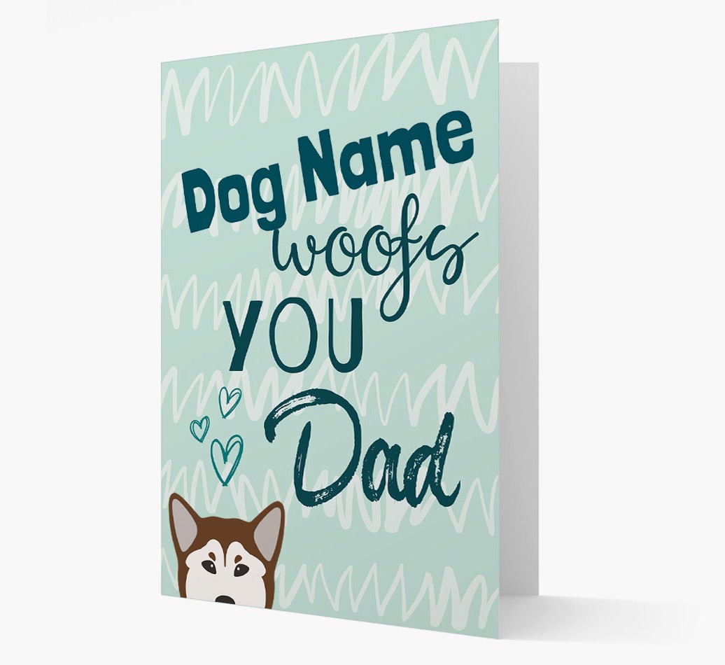Personalized Card {dogsName} woofs you, Dad with {breedFullName} Icon Front