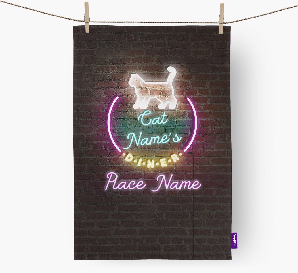 'Neon Lights Diner' - Personalized {breedFullName} Tea Towel 