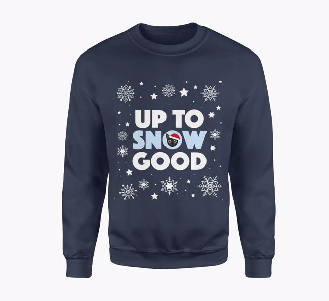 'Up To Snow Good' - Personalised {breedCommonName} Jumper in Navy Blue