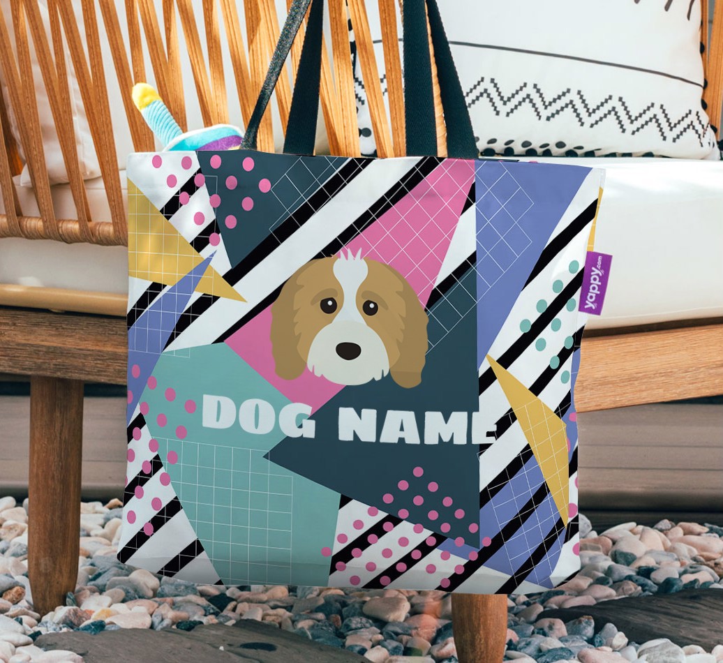 Retro Pattern: Personalized {breedFullName} Canvas Bag - hanging on a chair