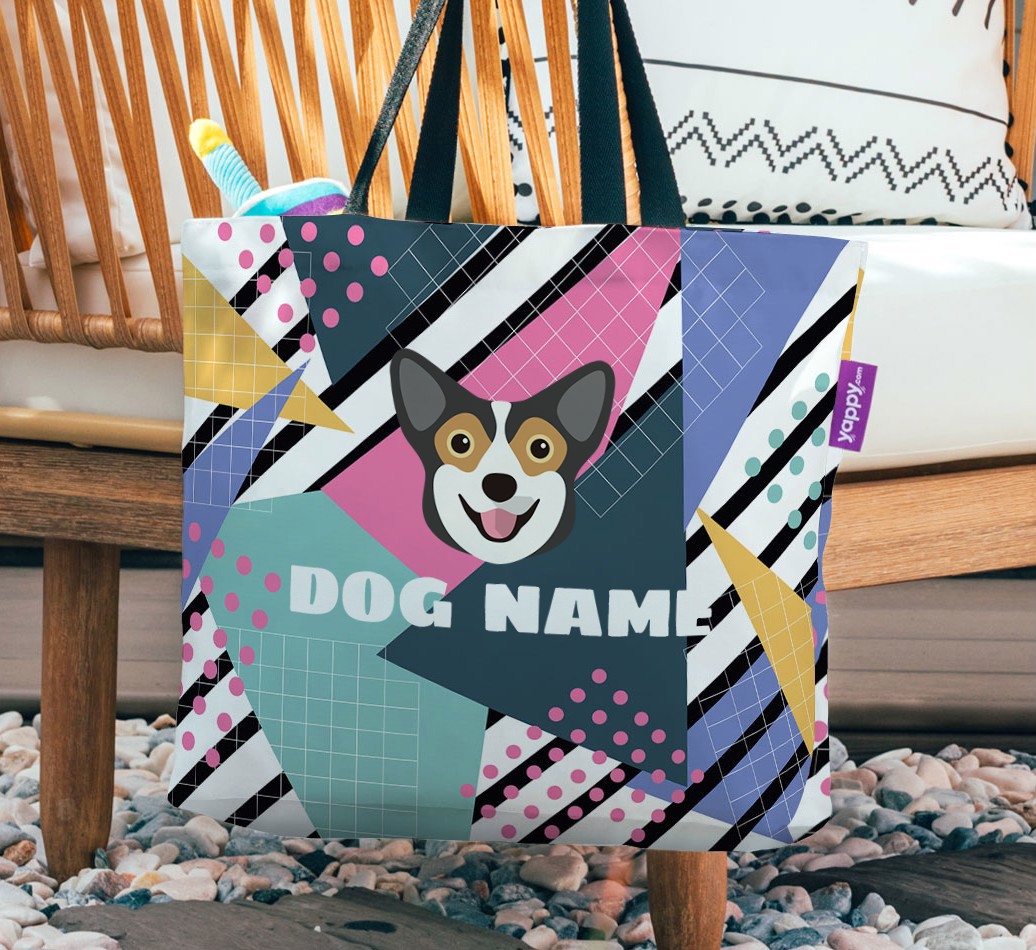 Retro Pattern: Personalised {breedFullName} Canvas Bag - hanging on a chair
