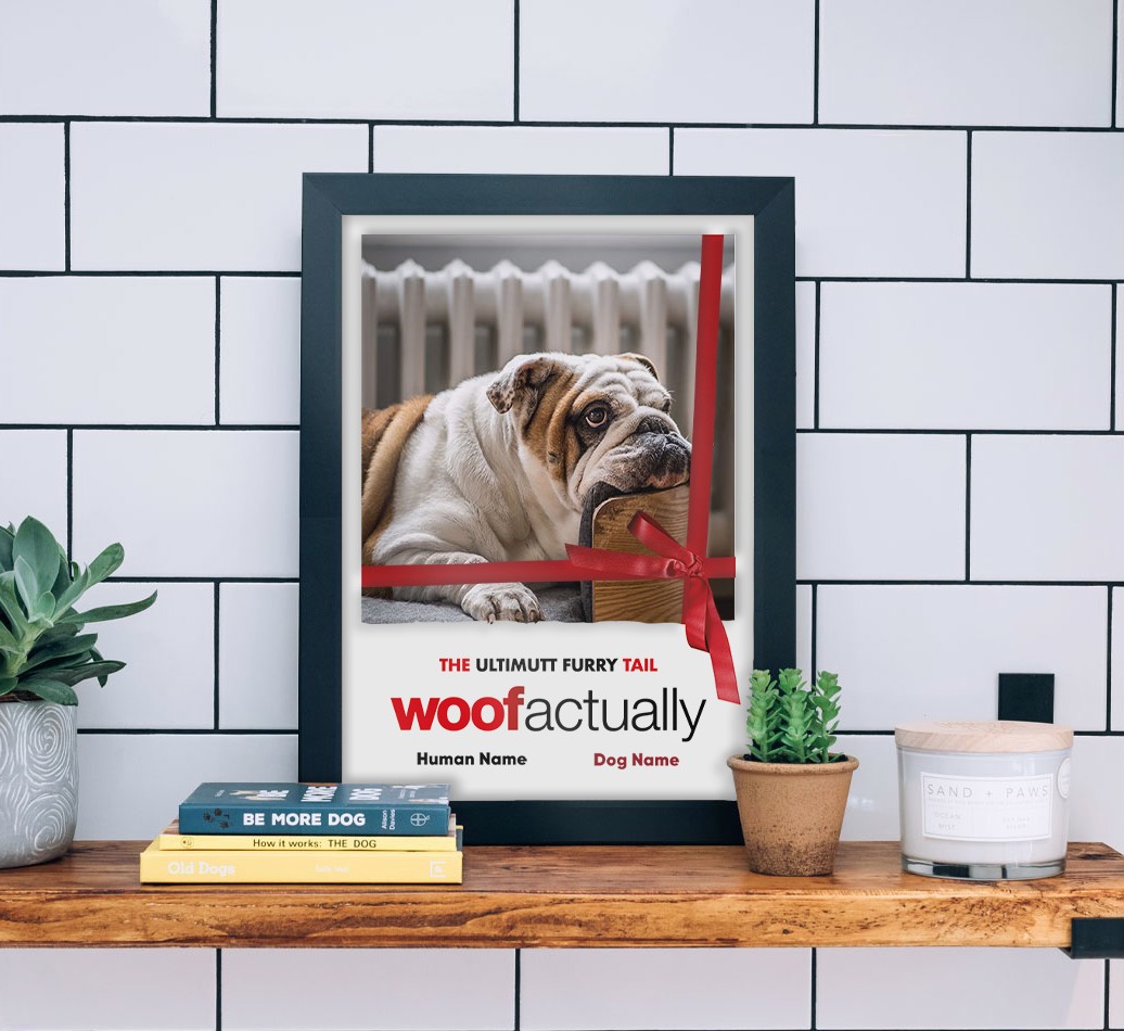 'Woof Actually' - {breedFullName} Photo Upload Framed Print - black frame lifestyle