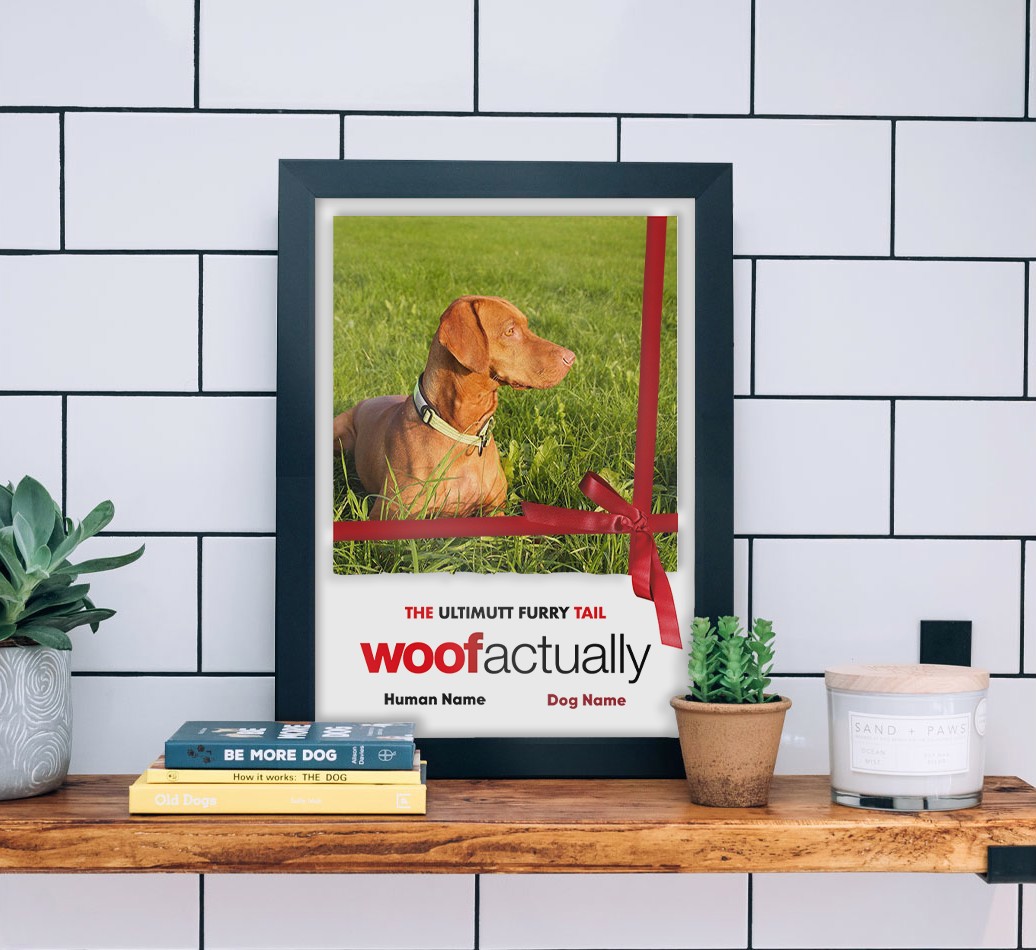 'Woof Actually' - {breedFullName} Photo Upload Framed Print - black frame lifestyle