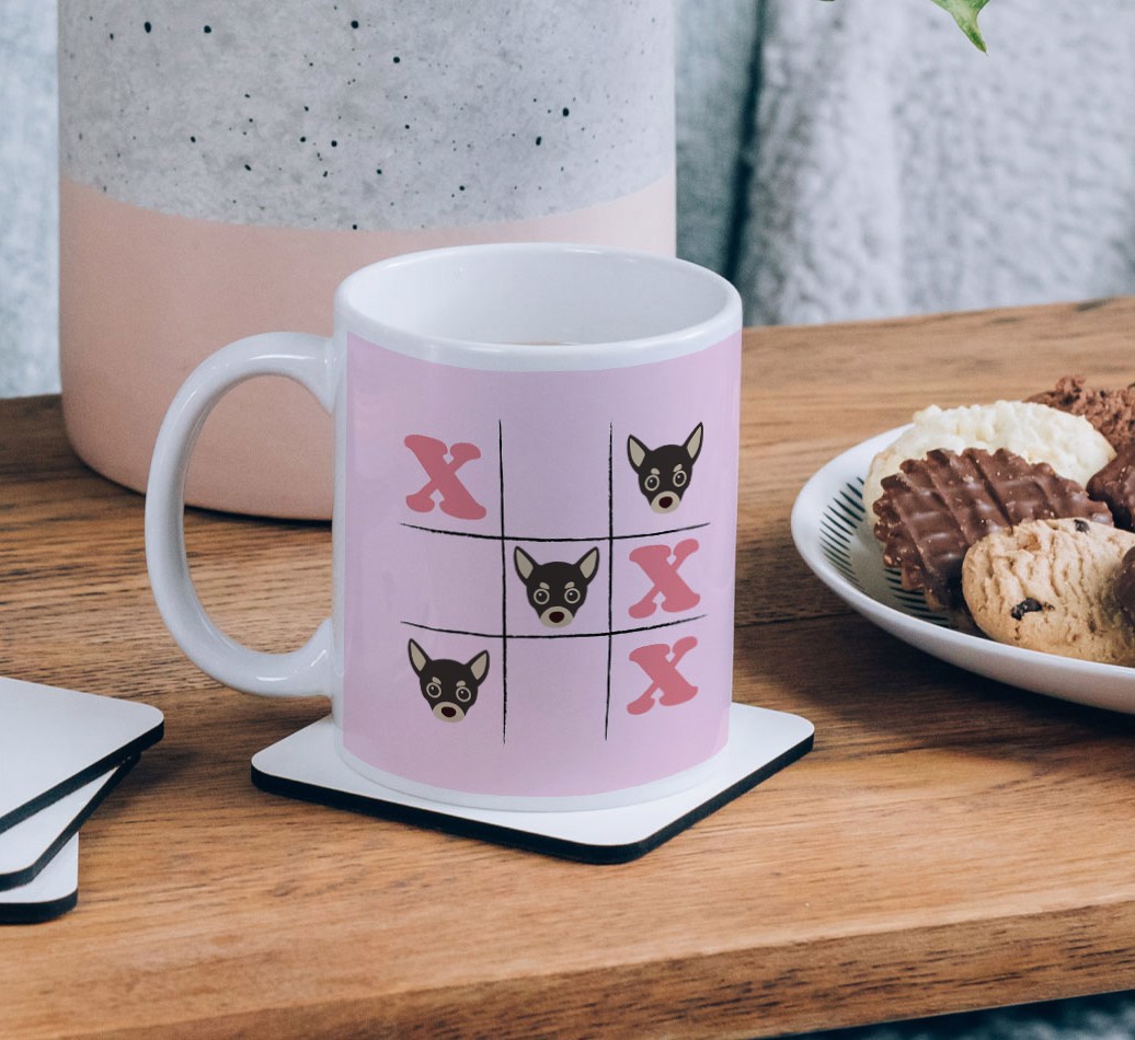 Noughts and Crosses: Personalized {breedFullName} Mug - on a coffee table