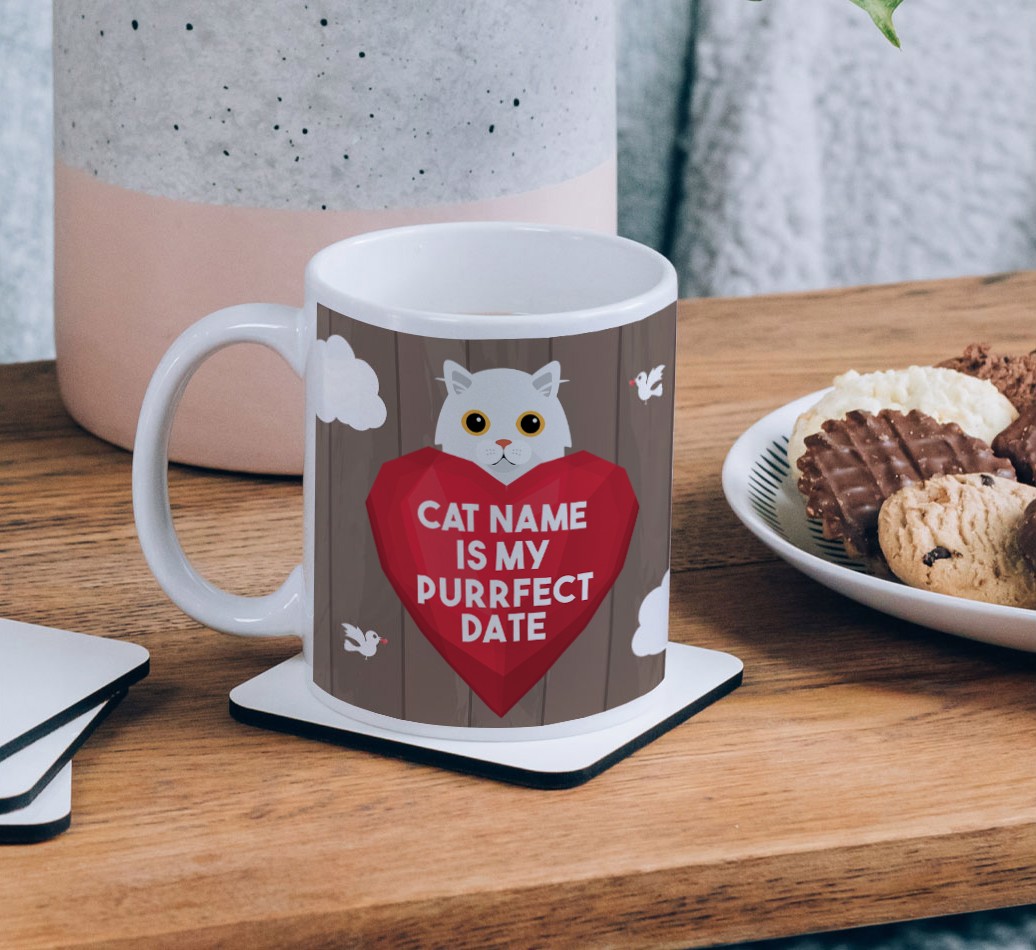 Purrfect Date: Personalized {breedCommonName} Mug - on a coffee table