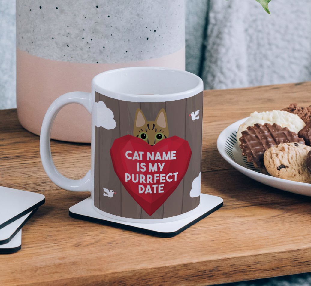 Purrfect Date: Personalised {breedCommonName} Mug - on a coffee table