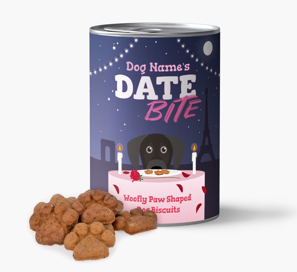 'Date Bite' - Baked {breedFullName} Biscuits in Personalised Tin front view of tin