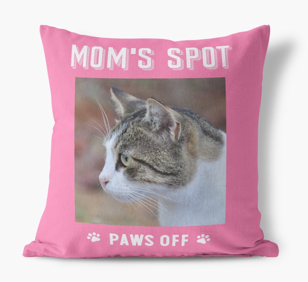 'Mom's Spot, Paws Off' - {breedFullName} Photo Upload Pillow - front view