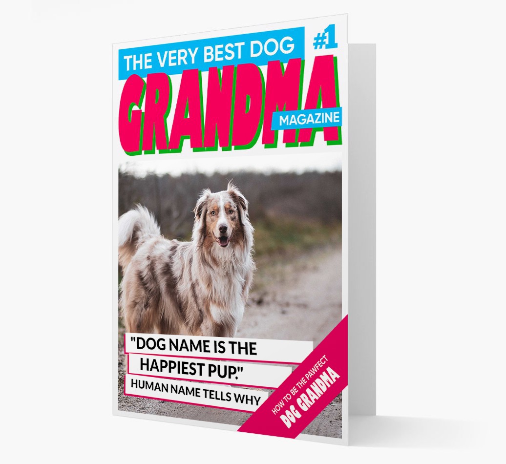 'Best Dog Grandma Magazine Cover' - {breedFullName} Photo Upload Card - View of front