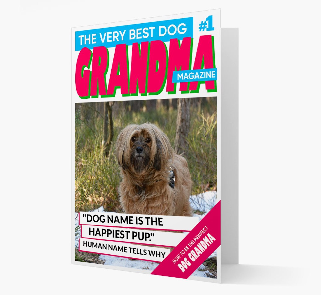 'Best Dog Grandma Magazine Cover' - {breedFullName} Photo Upload Card - View of front