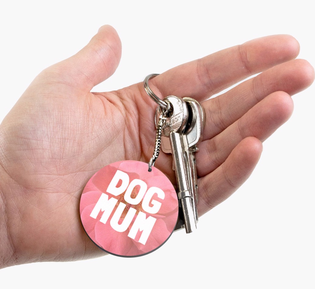 'Dog Mum' Pink Flower - Personalised {breedFullName} Double-Sided Keyring