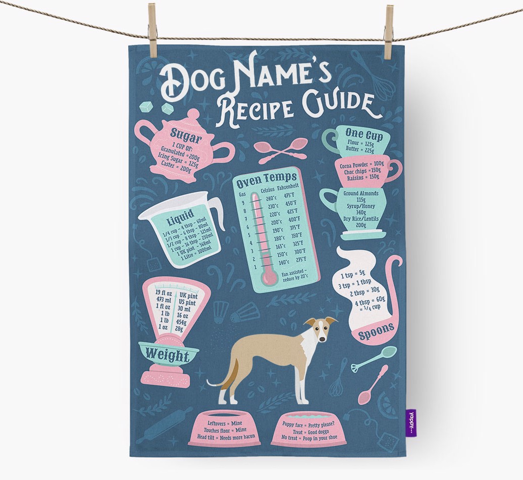 'Recipe Measurements Guide' - Personalised {breedFullName} Tea Towel - hung with pegs