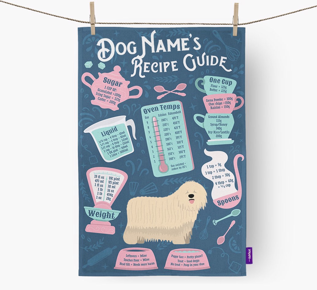 'Recipe Measurements Guide' - Personalised {breedFullName} Tea Towel - hung with pegs