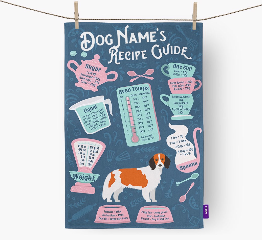 'Recipe Measurements Guide' - Personalised {breedFullName} Tea Towel - hung with pegs