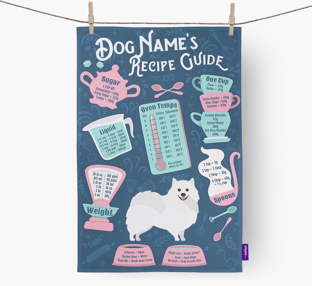 'Recipe Measurements Guide' - Personalised {breedFullName} Tea Towel - hung with pegs