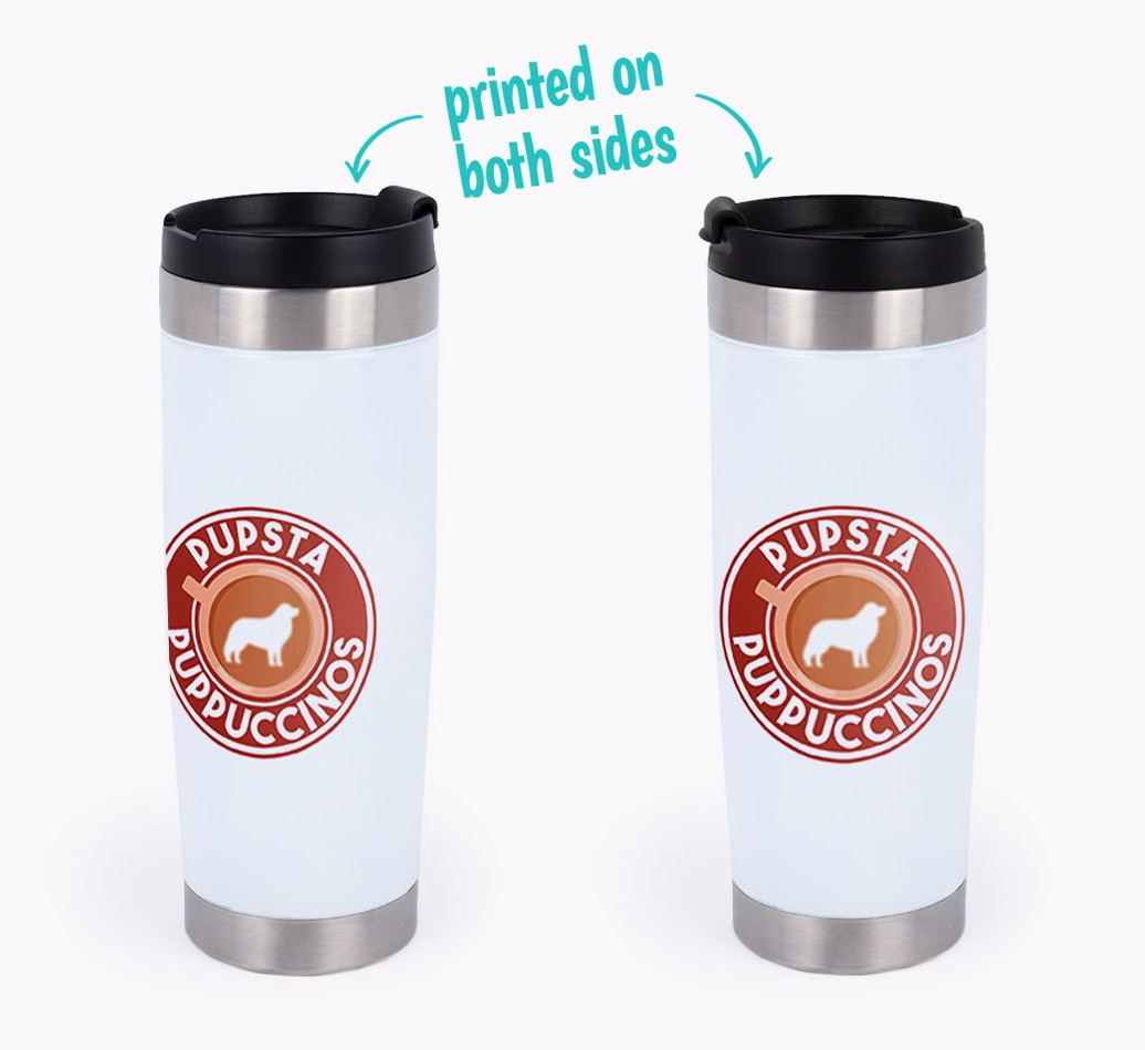 'Pupsta Puppuccino' - Personalized Travel Mug with {breedFullName} Silhouette