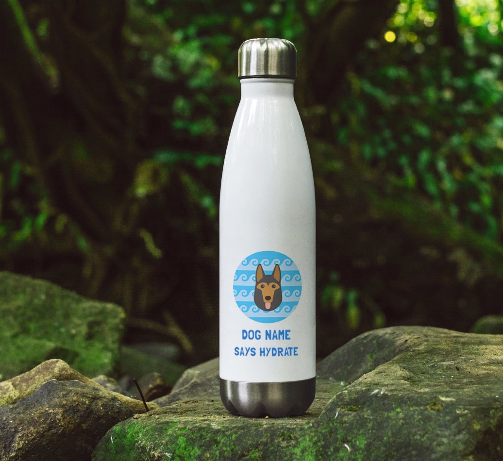 'Hydrate' - Personalized {breedFullName} Water Bottle - on rocks