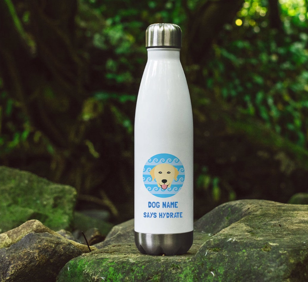 'Hydrate' - Personalized {breedFullName} Water Bottle - on rocks