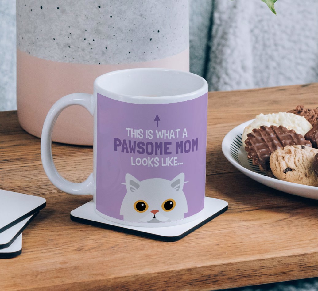 Pawsome Mum: Photo Upload Mug with {breedCommonName} Icon - on a coffee table