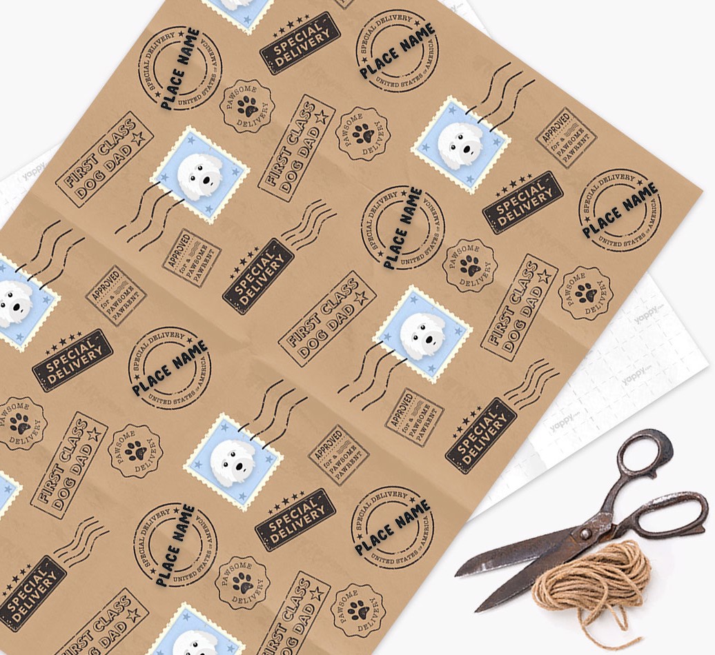 Special Delivery: Personalized {breedFullName} Wrapping Paper - wrapping paper, scissors and string