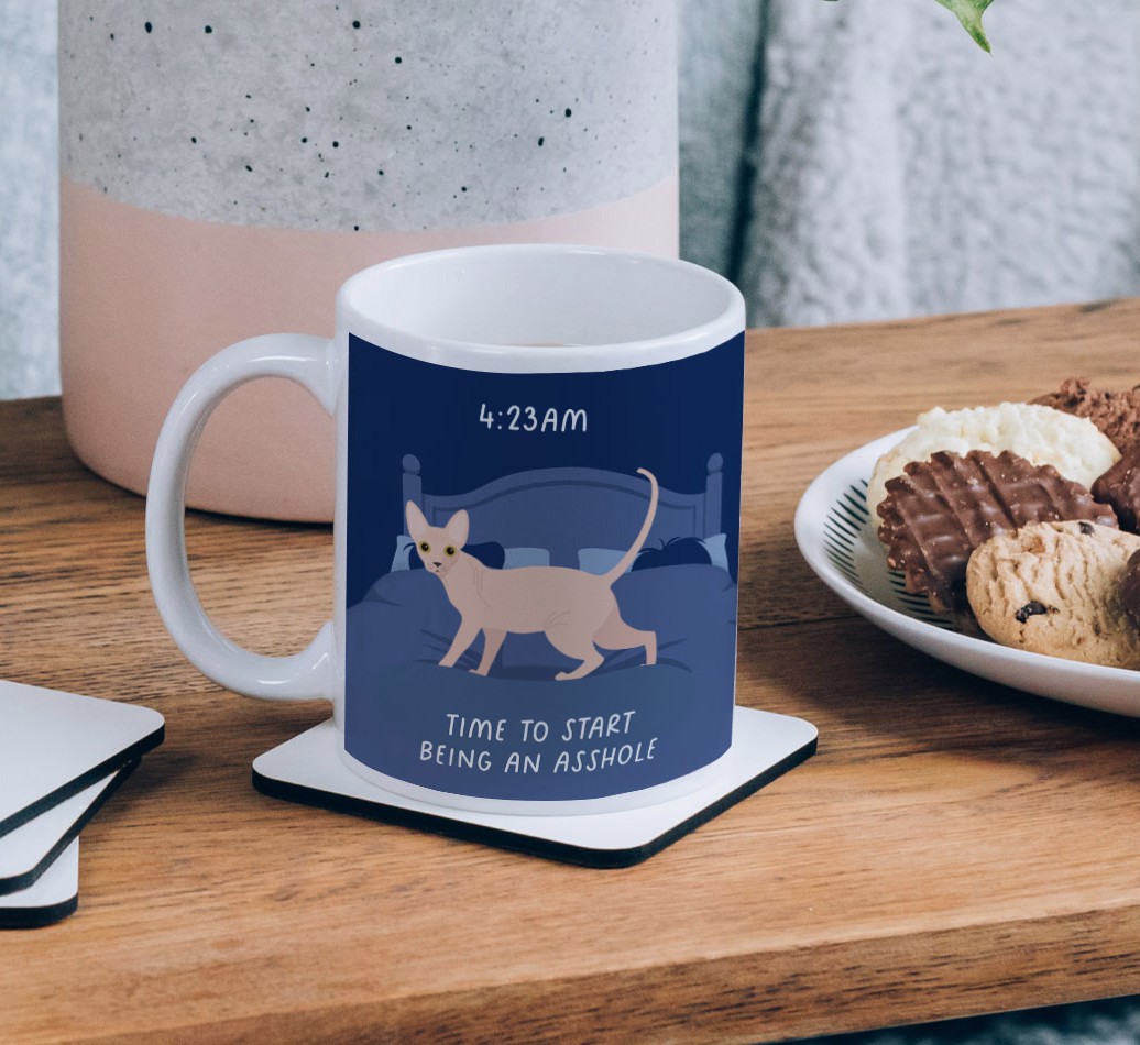 Time to Start: Personalized {breedCommonName} Mug - on a coffee table