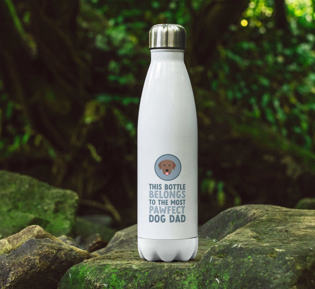 Pawfect Dog Dad: Personalised {breedFullName} Water Bottle - full image on rocks