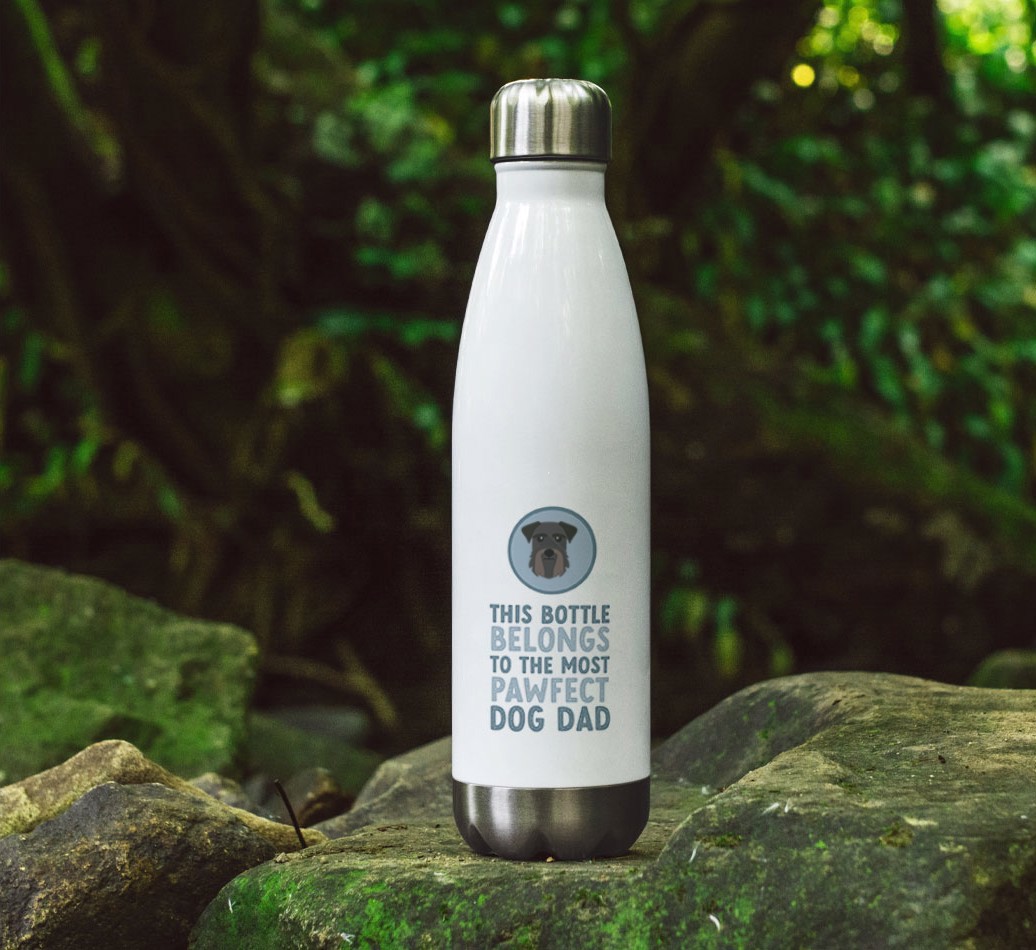 Pawfect Dog Dad: Personalized {breedFullName} Water Bottle - full image on rocks