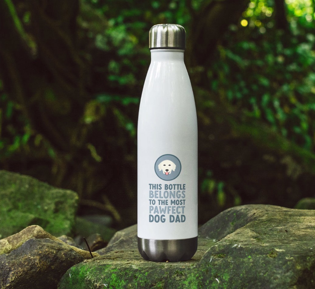 Pawfect Dog Dad: Personalized {breedFullName} Water Bottle - full image on rocks