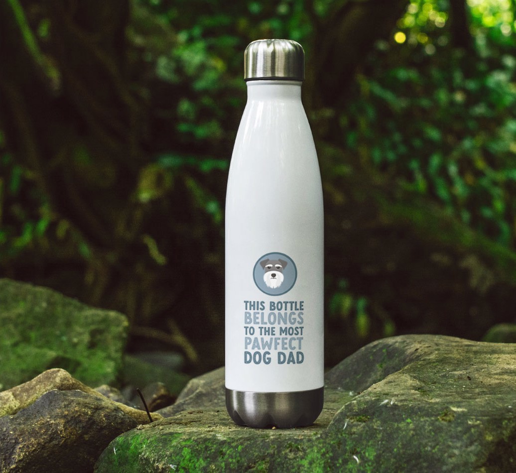 Pawfect Dog Dad: Personalized {breedFullName} Water Bottle - full image on rocks