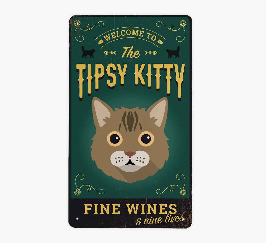 The Tipsy Kitty Pub Sign: Personalised {breedFullName} Metal Sign - Front view
