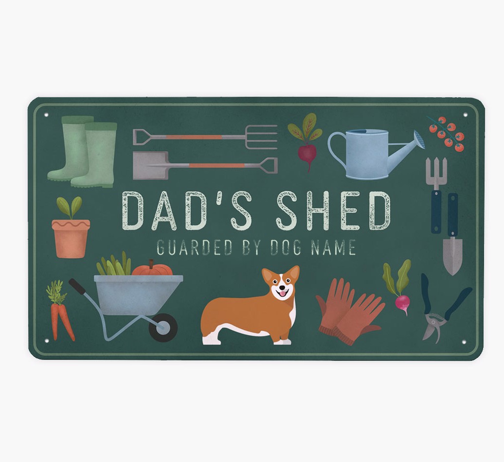 Dad's Shed: Personalised {breedFullName} Metal Garden Sign - Front view