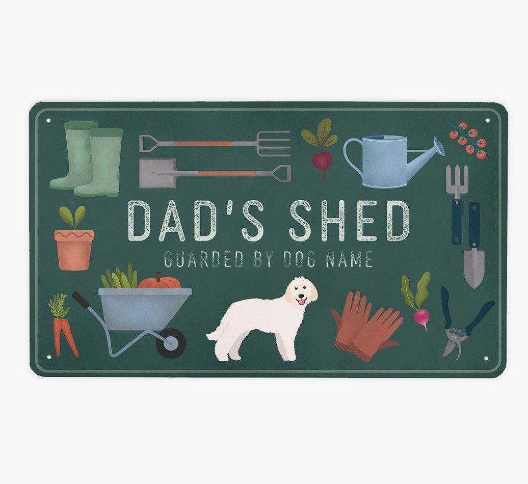 Dad's Shed: Personalised {breedFullName} Metal Garden Sign - Front view