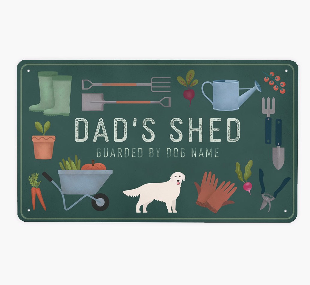 Dad's Shed: Personalized {breedFullName} Metal Garden Sign - Front view