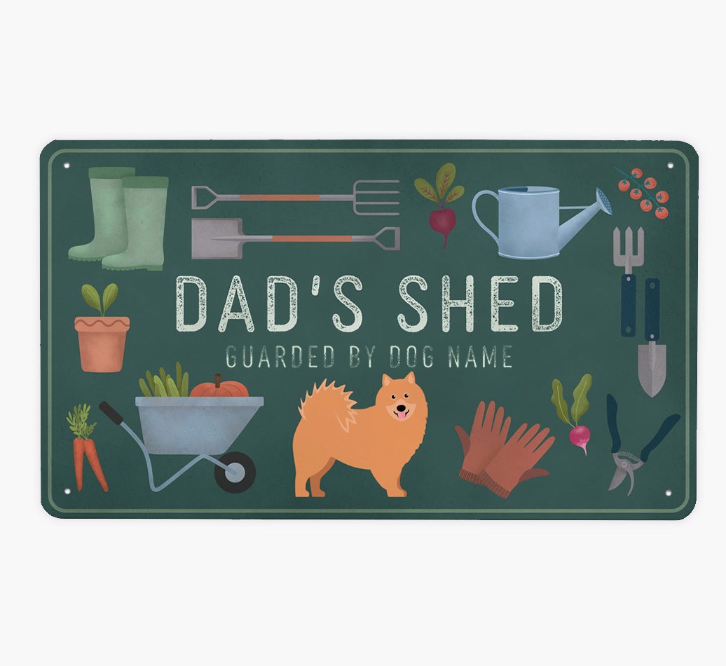Dad's Shed: Personalized {breedFullName} Metal Garden Sign - Front view