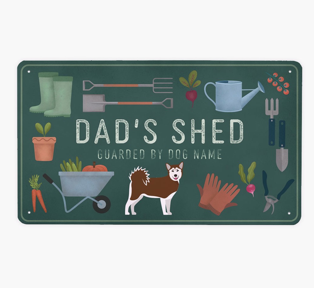 Dad's Shed: Personalised {breedFullName} Metal Garden Sign - Front view