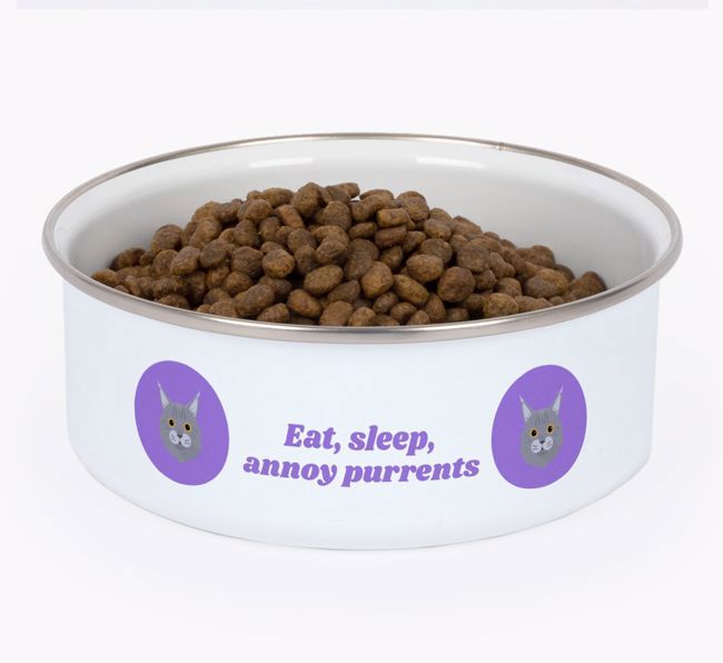 Eat, Sleep, Annoy Purrents: Personalised {breedCommonName} Enamel Cat Bowl