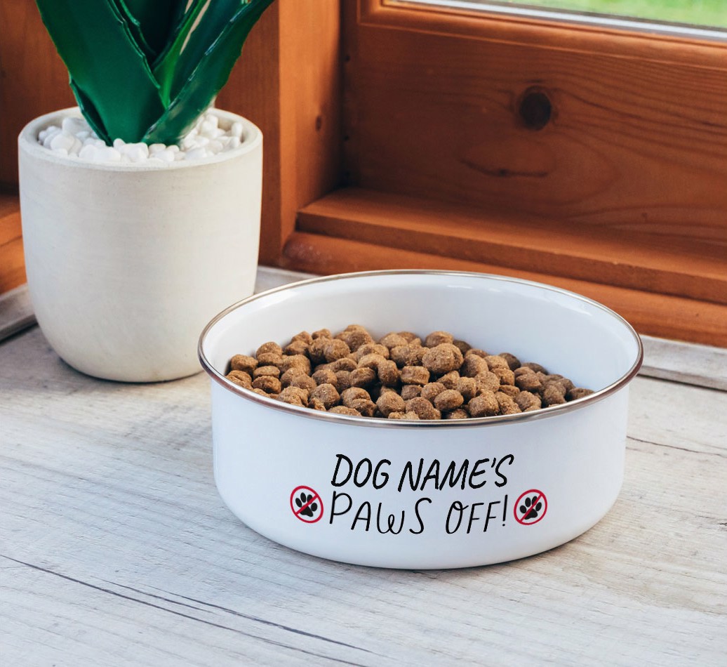 Paws Off: Personalised {breedFullName} Enamel Dog Bowl