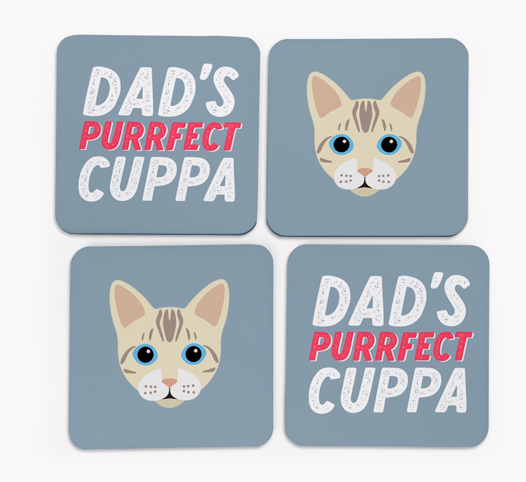 Dad's Purrfect Cuppa: Personalised {breedCommonName} Coasters - front of coasters