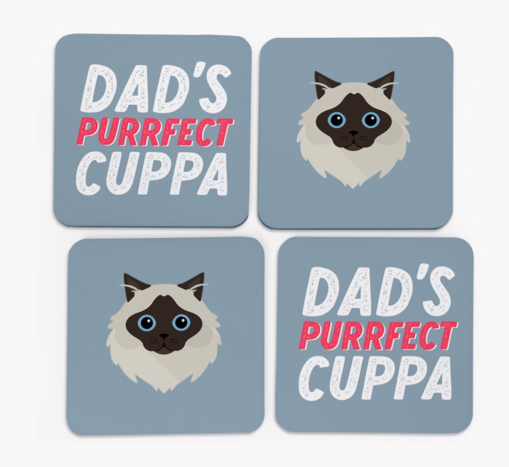 Dad's Purrfect Cuppa: Personalised {breedCommonName} Coasters - front of coasters